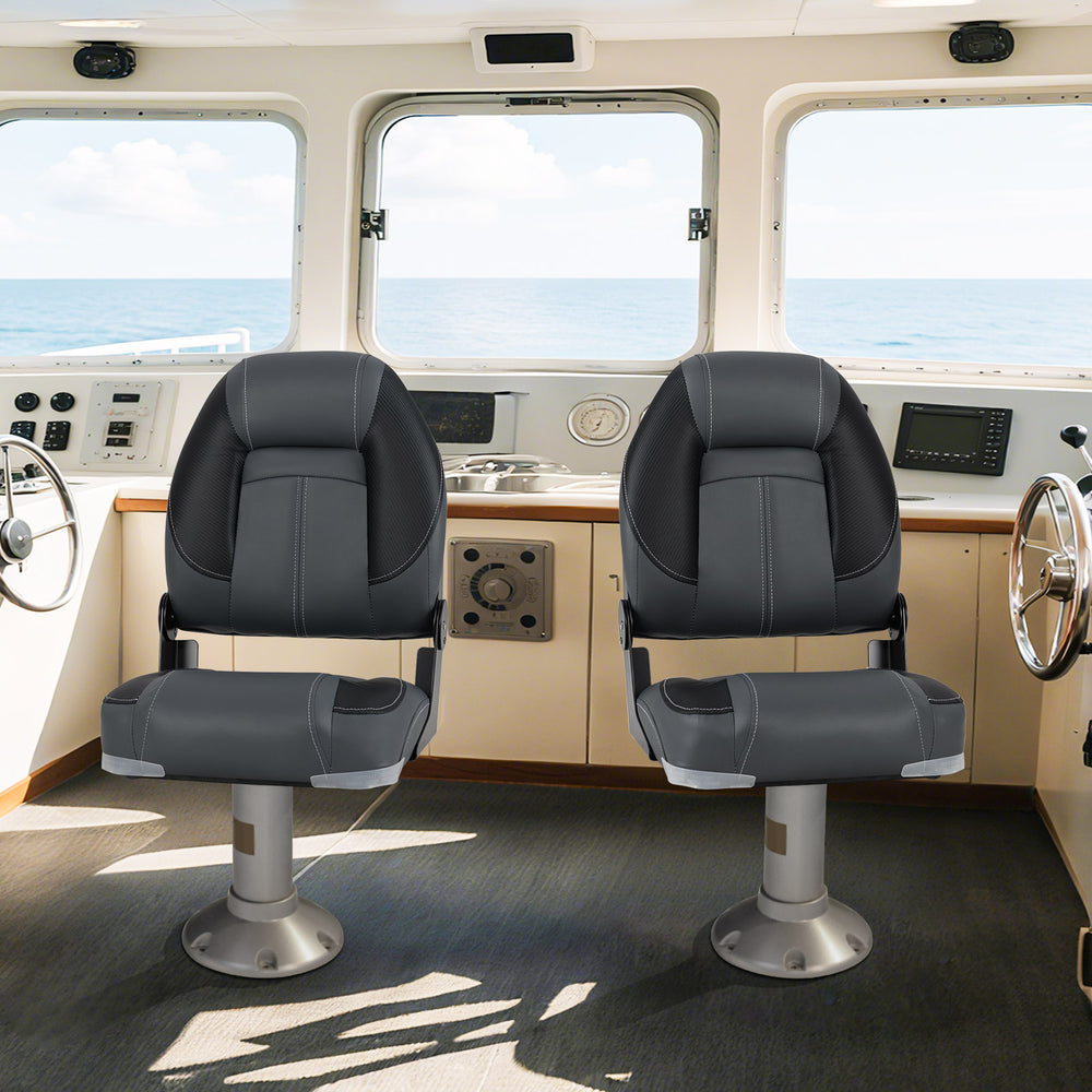 Two high-back folding boat seats in black with ergonomic design and 28D soft sponge padding for comfort and support.