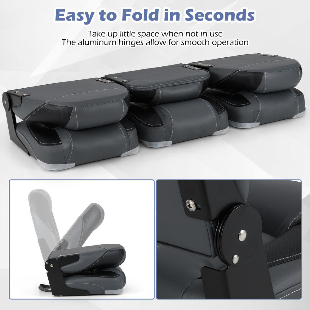Folding boat seats with high-density 28D sponge padding, featuring aluminum hinges for easy storage and comfort.