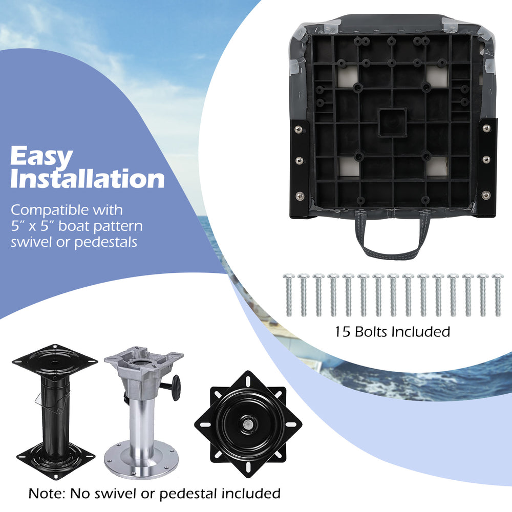Folding boat seat installation kit with 15 bolts, compatible with 5" x 5" swivel or pedestals for easy setup.