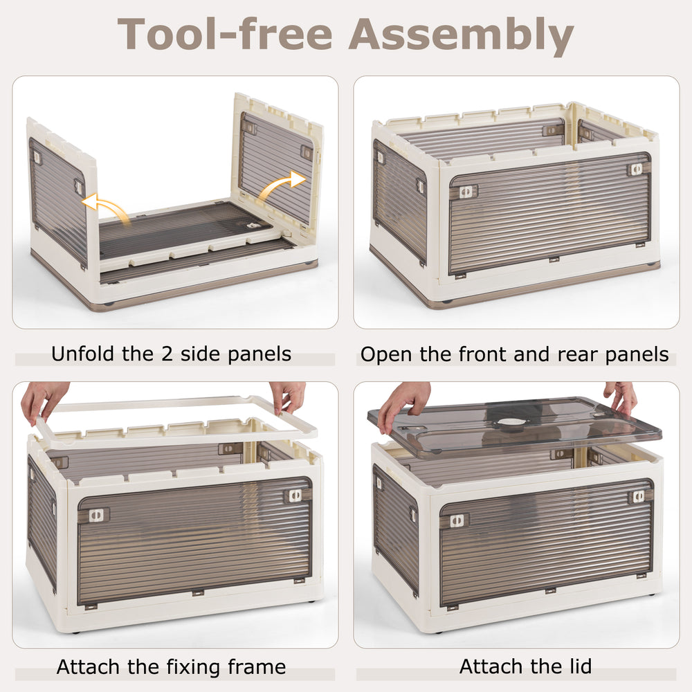 Stackable 8-gal storage bins with lids, featuring tool-free assembly and multiple access points for convenient.