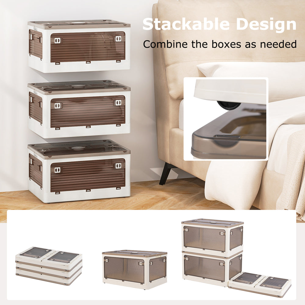 Stackable storage bins with lids, featuring 5 opening ways and large capacity, ideal for organizing linen and snacks.