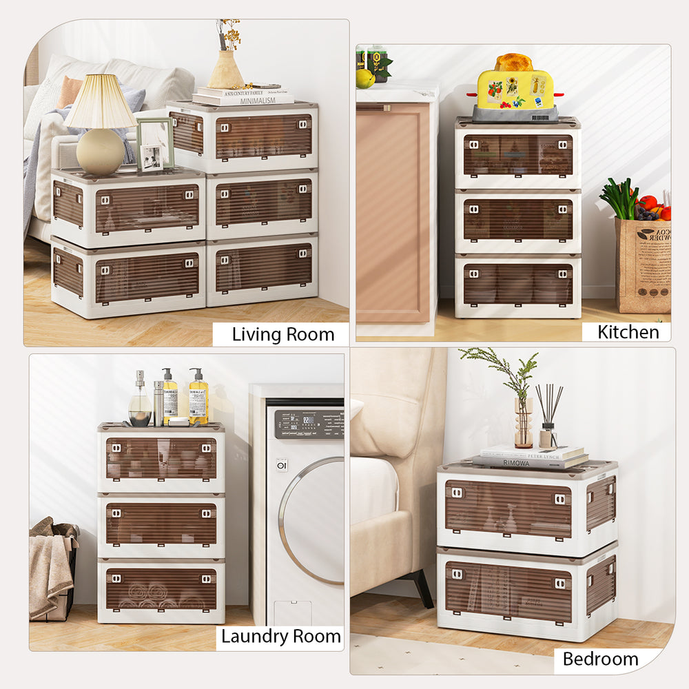 Stackable storage bins with lids, 8-gal capacity, ideal for linen and snacks, perfect for living room or kitchen use.