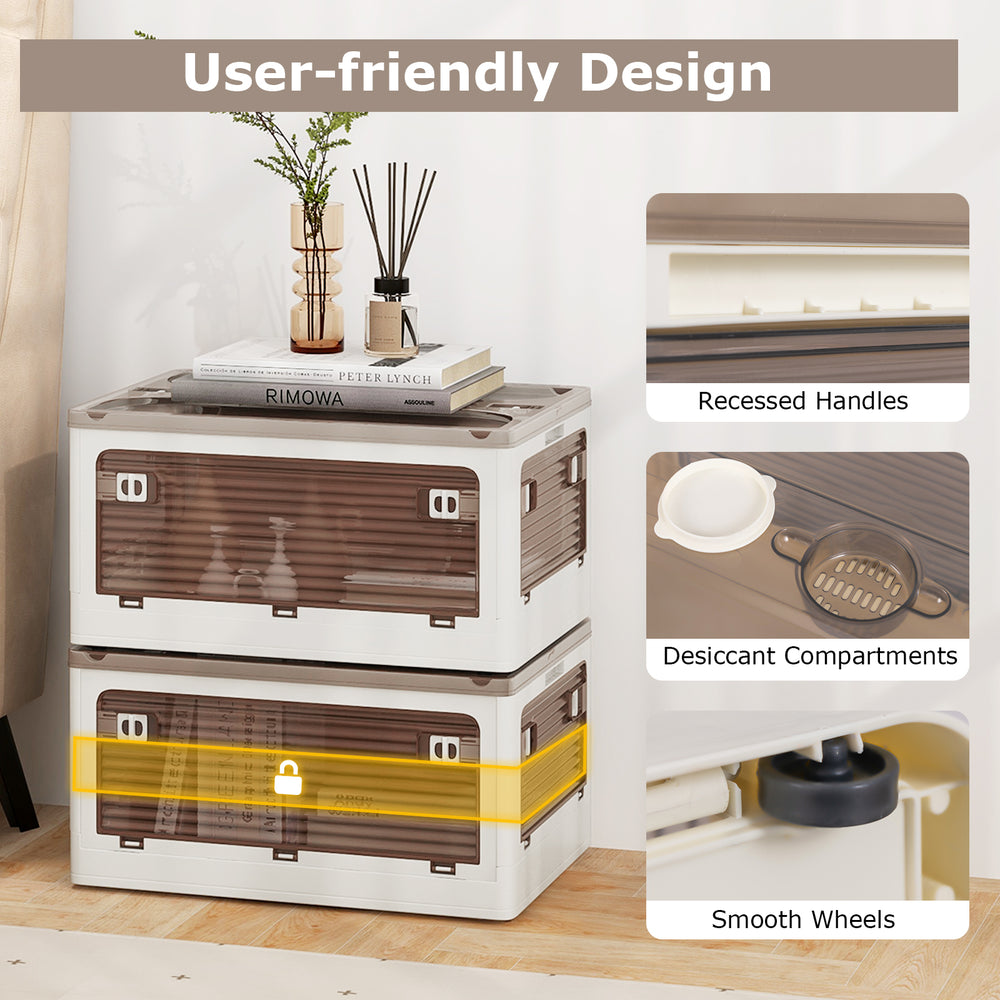 Stackable 3-pack storage bins with lids, 8-gal capacity, smooth wheels, and user-friendly design for easy access.