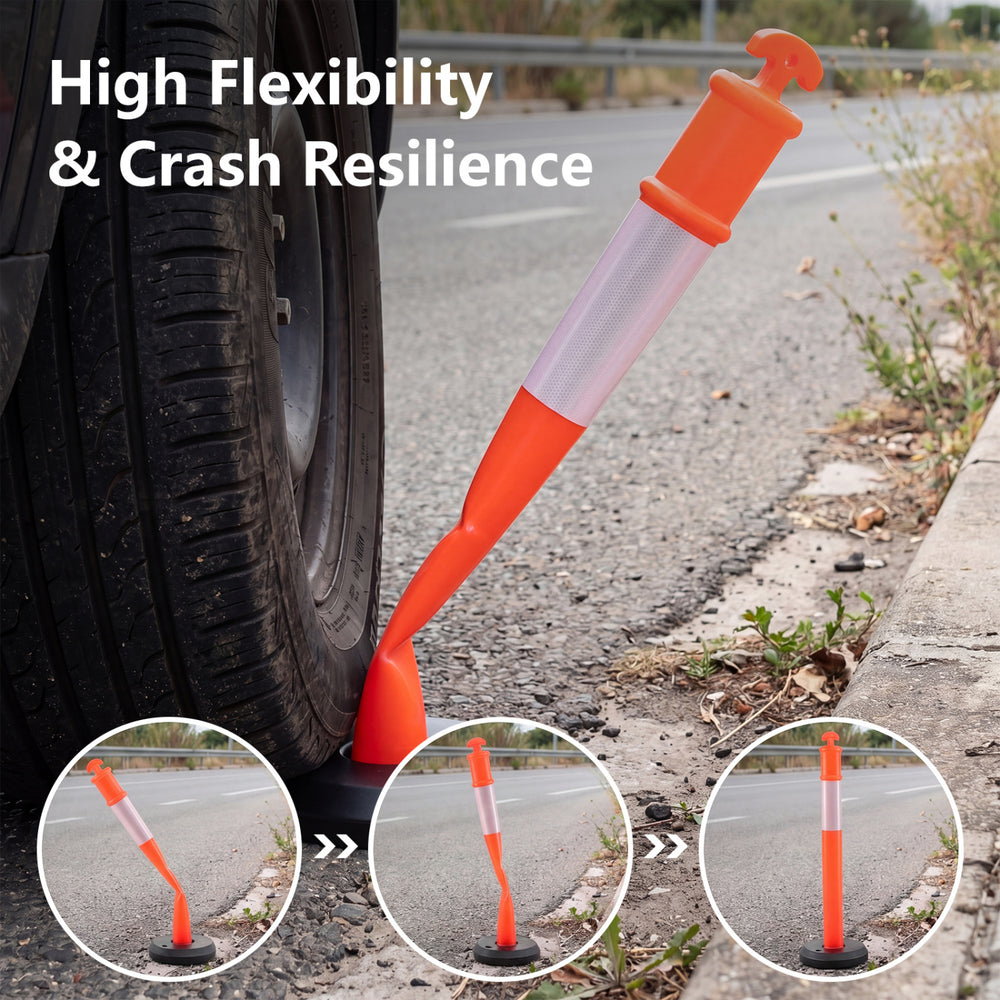 Traffic delineator post with fillable base, featuring a reflective collar for visibility, ideal for construction and.