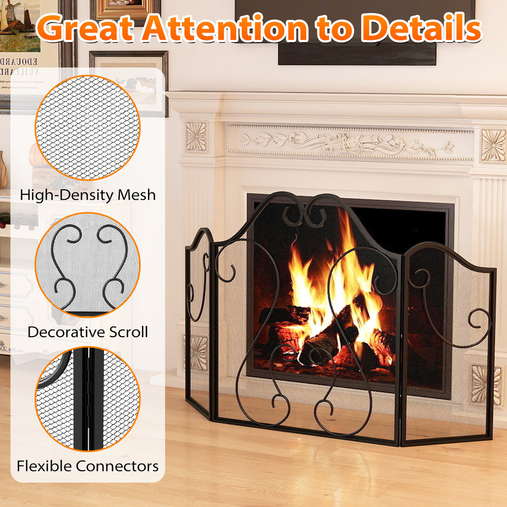Foldable 3 panel fireplace screen with decorative scroll, high-density mesh for safety, ideal for living room use.