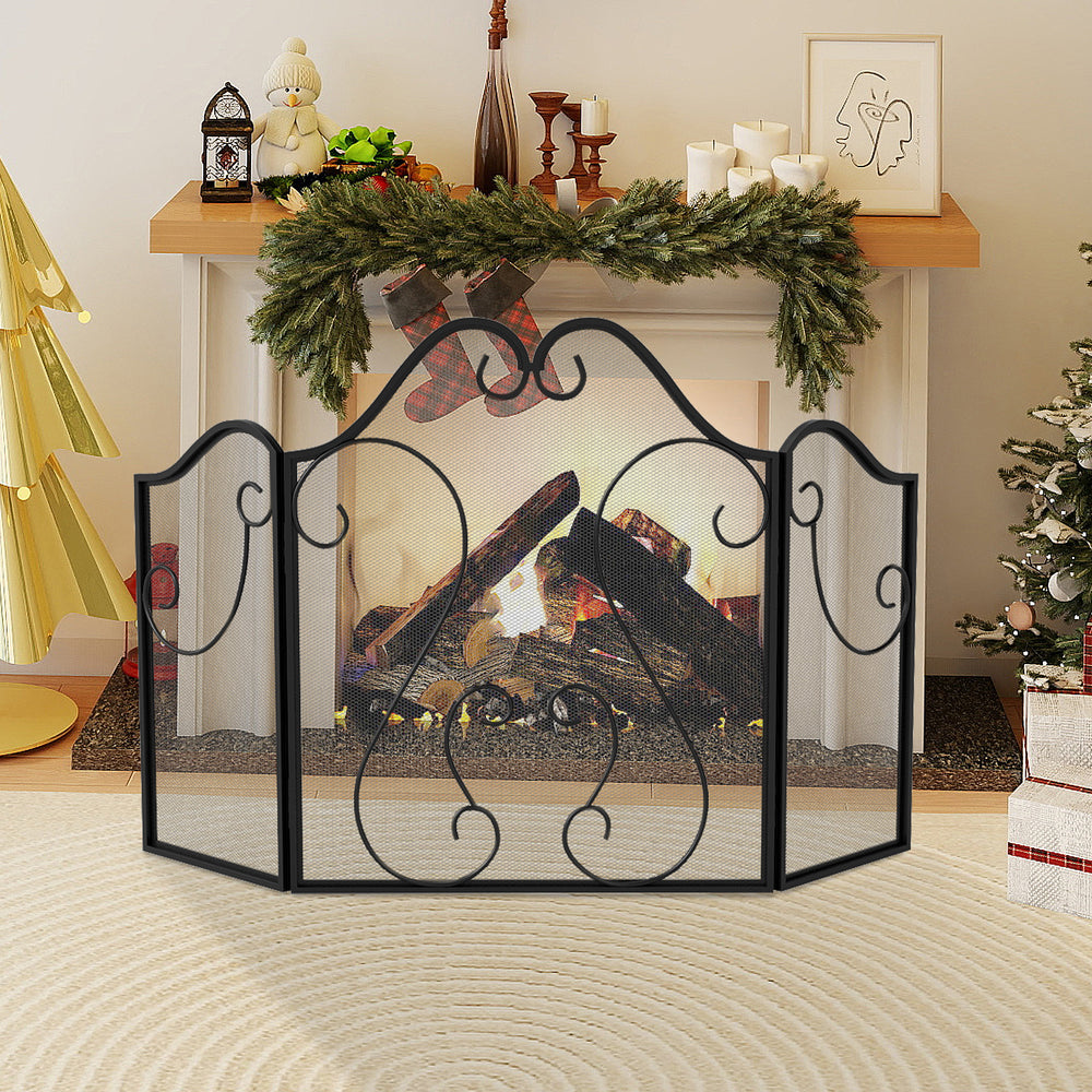 Elegant 3 panel fireplace screen in black, featuring high-density mesh and a decorative scroll design for stylish.