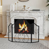 Foldable 3 panel fireplace screen in black with decorative scroll design, providing spark protection for living spaces.