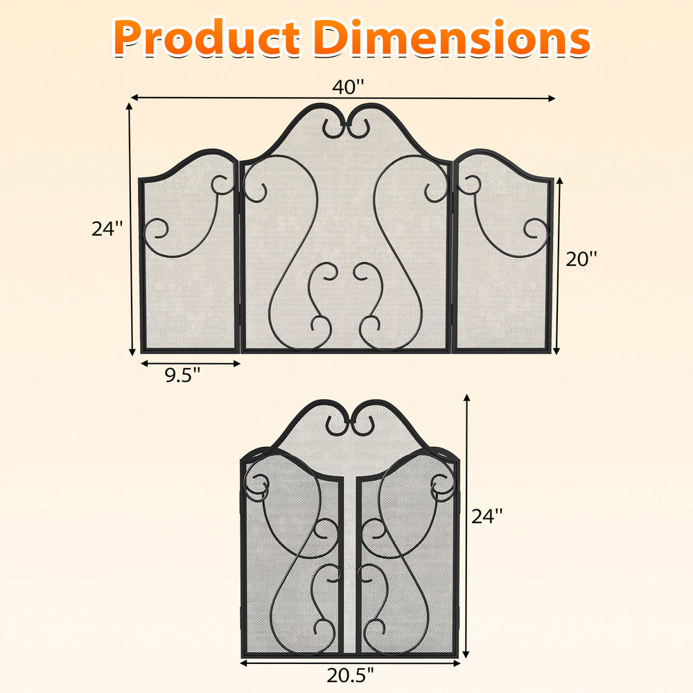 Foldable 3 panel fireplace screen with decorative scroll design, measuring 40" x 24", for elegant fire protection.
