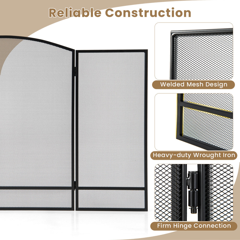 3-panel foldable fireplace screen in black wrought iron with welded mesh design for fire spark protection in living.
