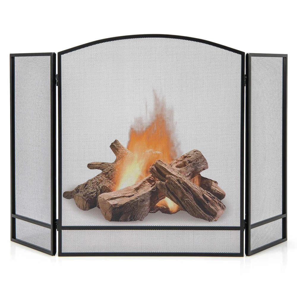 3-panel foldable fireplace screen in black wrought iron mesh, providing safety from sparks and embers for living rooms.