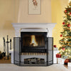 Black 3-panel foldable fireplace screen with wrought metal mesh, providing safety for kids and pets in the living room.