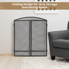 3-panel foldable fireplace screen in black wrought iron, designed for safety and easy storage in the living room.