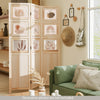 Three-panel folding privacy screen made of natural paulownia wood with nine adjustable photo frames for versatile decor.
