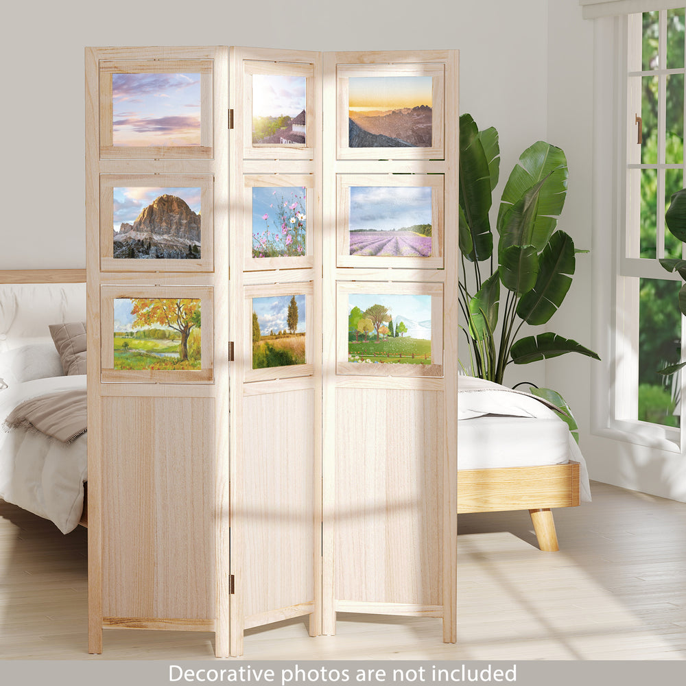 Three-panel folding privacy screen made of natural paulownia wood with nine swivel photo frames, ideal for home or.