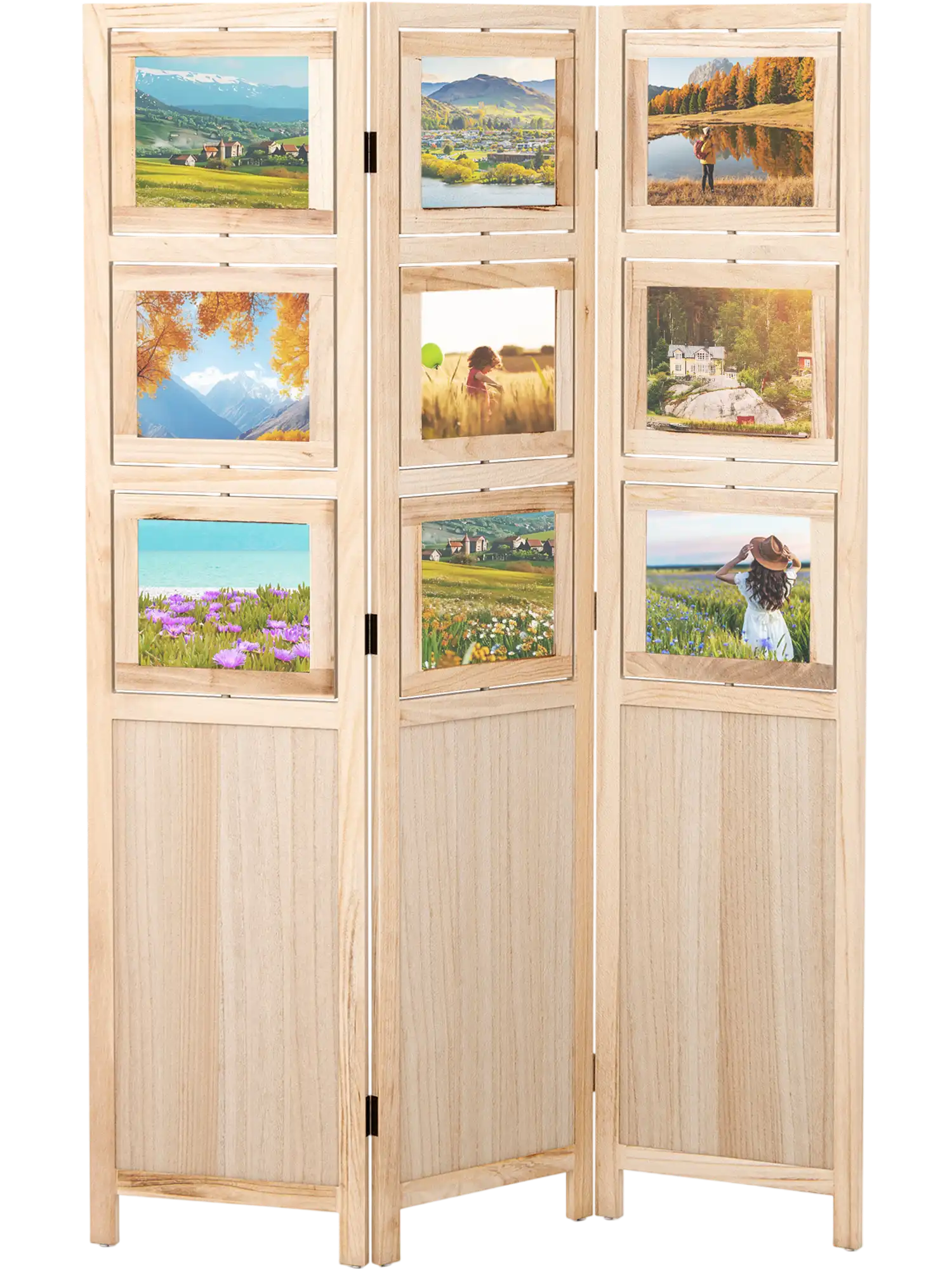 Costway 3 Panel Folding Privacy Screen Divider w/ 9 Swivel Paulownia Wood Photo Frames 21462534 New