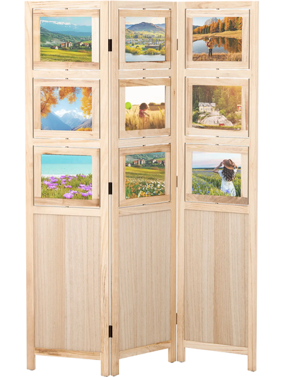 Costway 3 Panel Folding Privacy Screen Divider w/ 9 Swivel Paulownia Wood Photo Frames 21462534 New