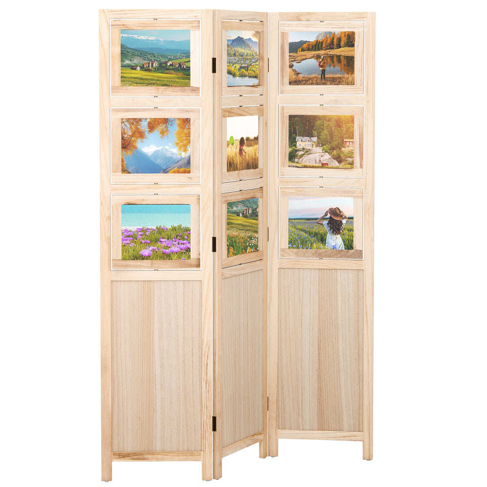 Three-panel folding privacy screen made of natural paulownia wood with nine swivel photo frames, ideal for home decor.