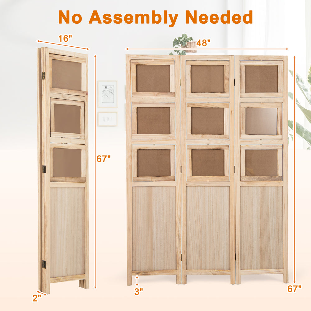 Three-panel folding privacy screen with 9 swivel paulownia wood photo frames, perfect for home office or living room.