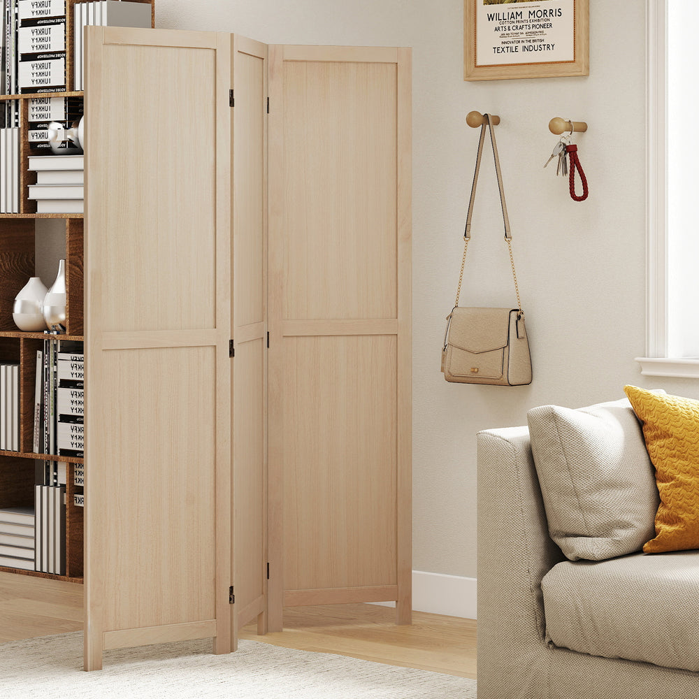 Three-panel folding room divider in beige, featuring a sturdy wood structure and smooth metal hinges, ideal for home.