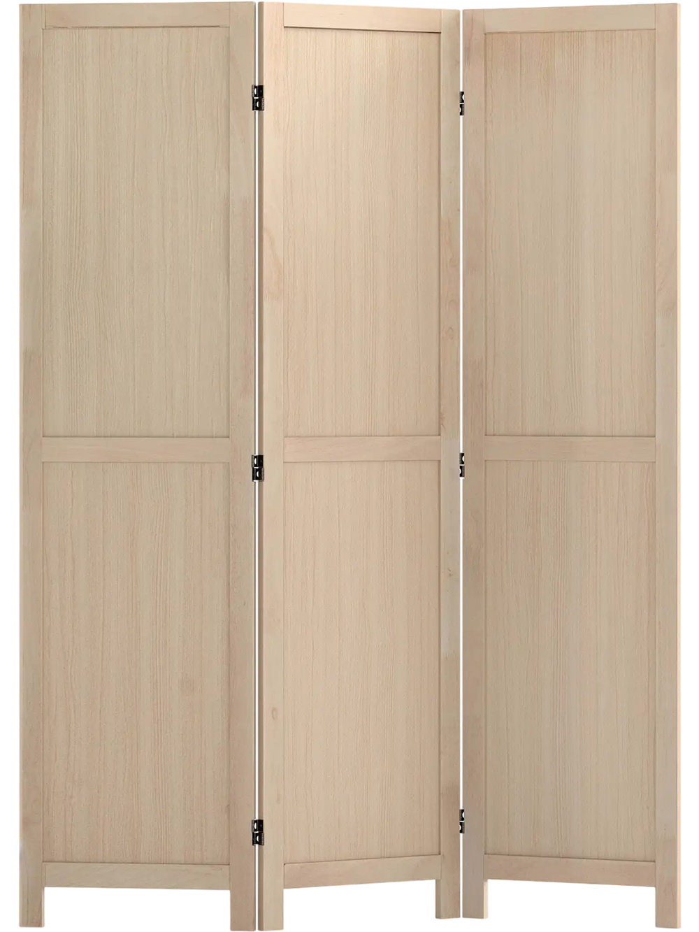 Three-panel folding room divider in beige wood, featuring sturdy construction and smooth metal hinges for versatile use.