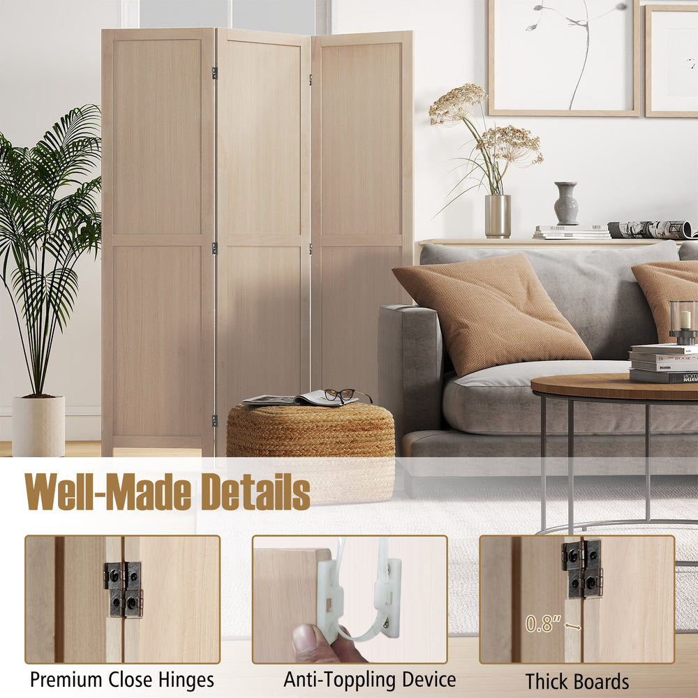 Three-panel folding room divider in beige with premium hinges and anti-tipping device, ideal for home or office use.