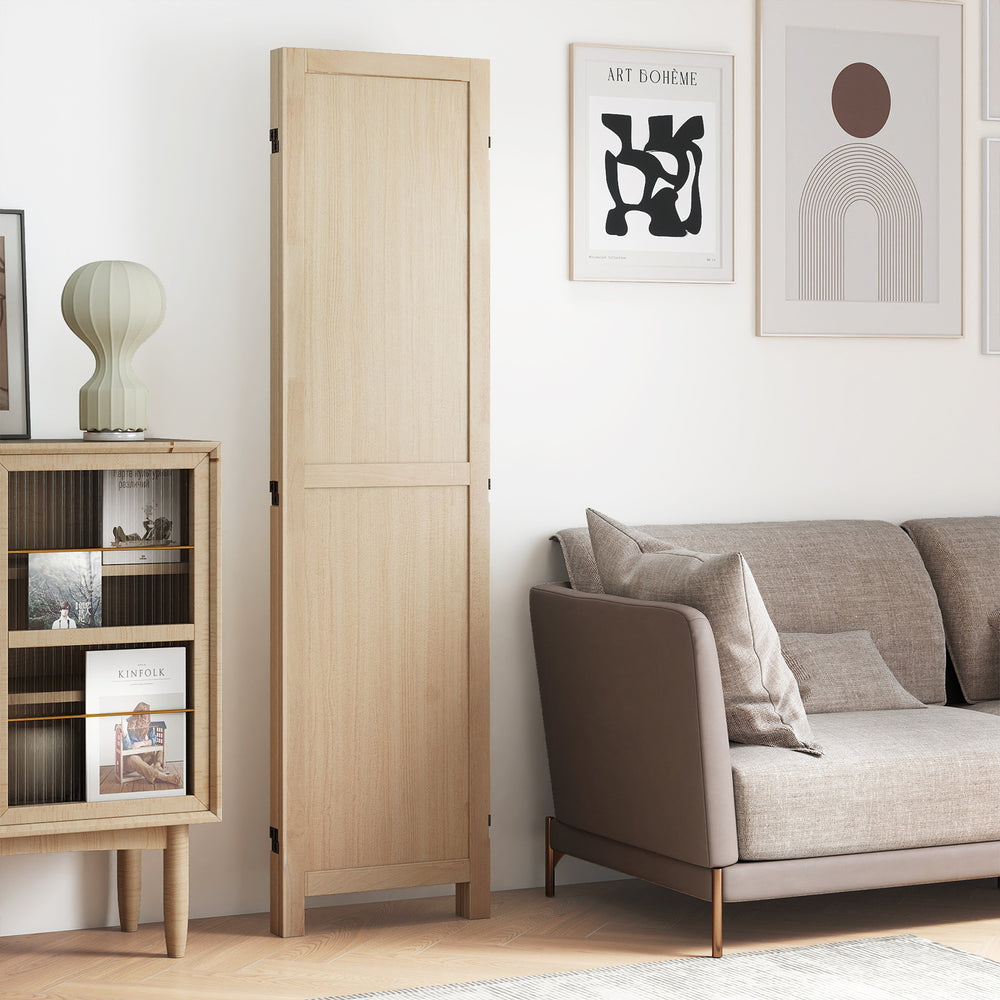3 panel folding room divider in beige with wood structure, designed for home office or bedroom use, compact and stylish.