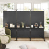3-panel folding room divider in black with 3 metal shelves, ideal for organizing items in living room or office.