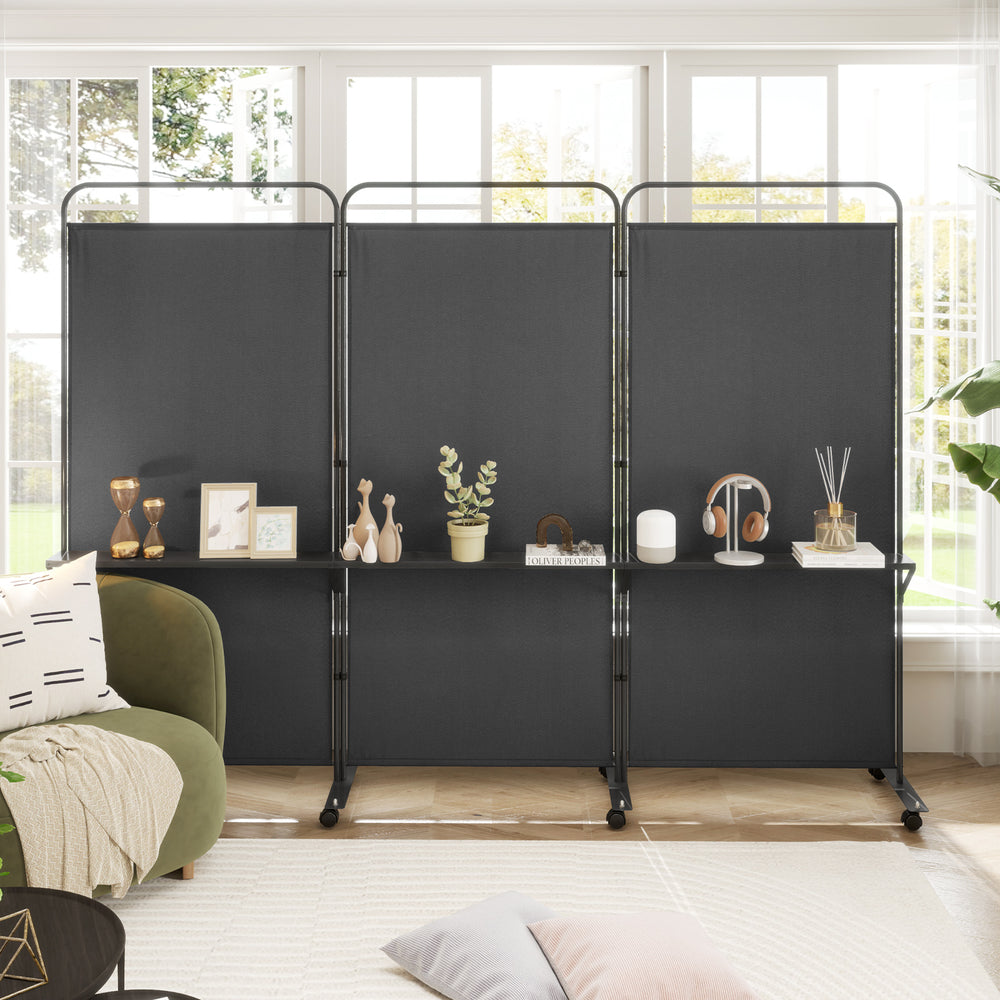3-Panel Folding Room Divider with 3 Metal Shelves and Lockable Wheels-Black - Gallery View 1 of 10