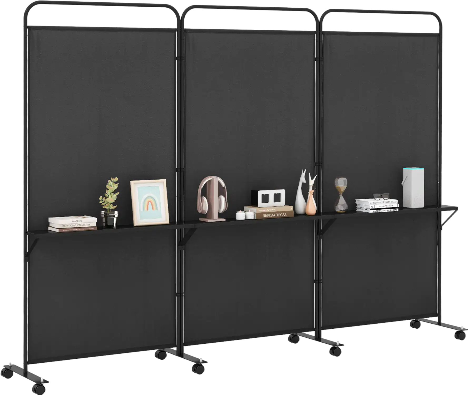 Costway 3-Panel Folding Room Divider w/ Metal Shelves & Lockable Wheels 271645893 New