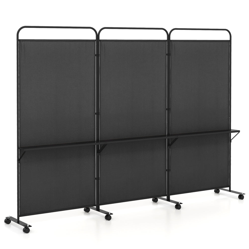 Three-panel black folding room divider with metal shelves and lockable wheels, ideal for organizing items in any space.