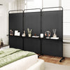 3-panel folding room divider in black with 3 metal shelves, ideal for organizing items in living room or bedroom.