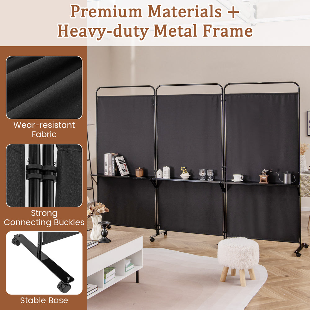 3-panel folding room divider in black with heavy-duty metal frame, shelves, and lockable wheels for versatile privacy.