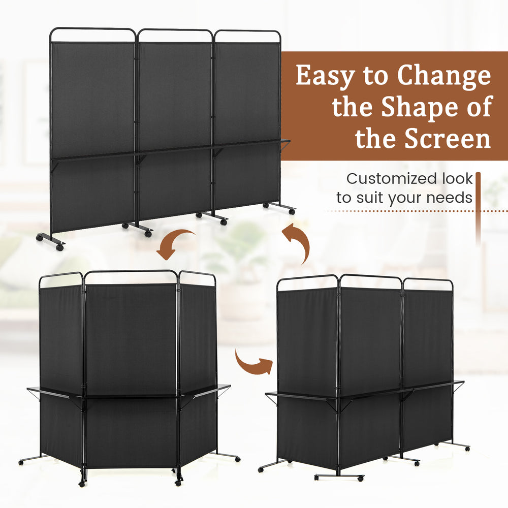 3-panel folding room divider in black with 3 metal shelves and lockable wheels, ideal for living room or office use.