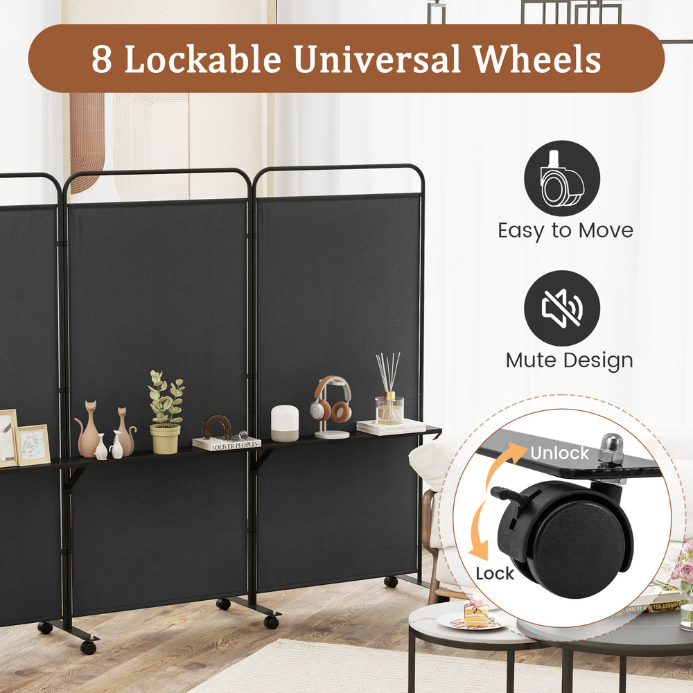 3-panel folding room divider in black with 3 metal shelves and 8 lockable wheels for easy mobility and organization.