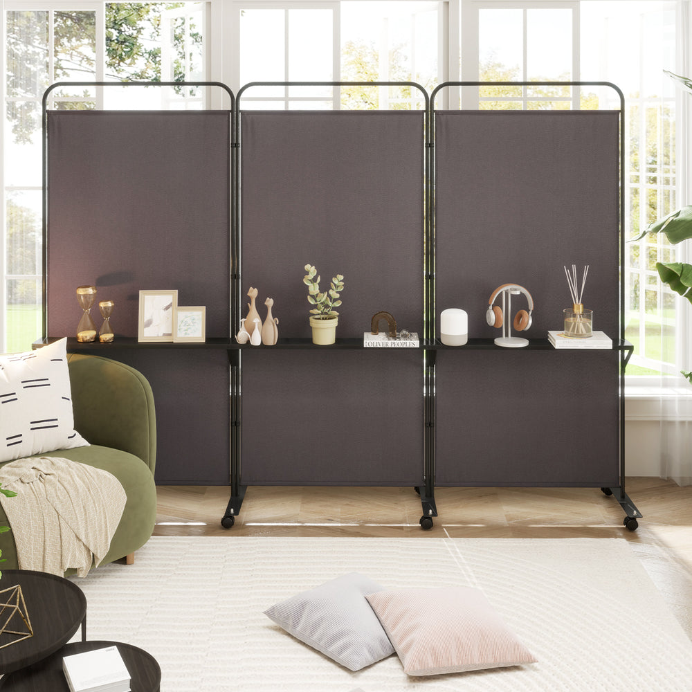 3-Panel Folding Room Divider with 3 Metal Shelves and Lockable Wheels-Brown - Gallery View 1 of 10
