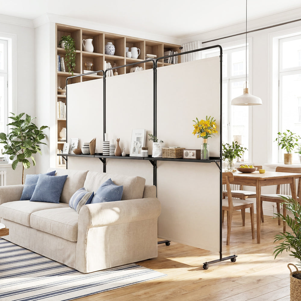 3-panel room divider with shelves in white, featuring a sturdy metal frame and lockable wheels for versatile privacy.