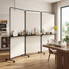 3-panel room divider with shelves in white, featuring lockable wheels, ideal for privacy and organization in various.