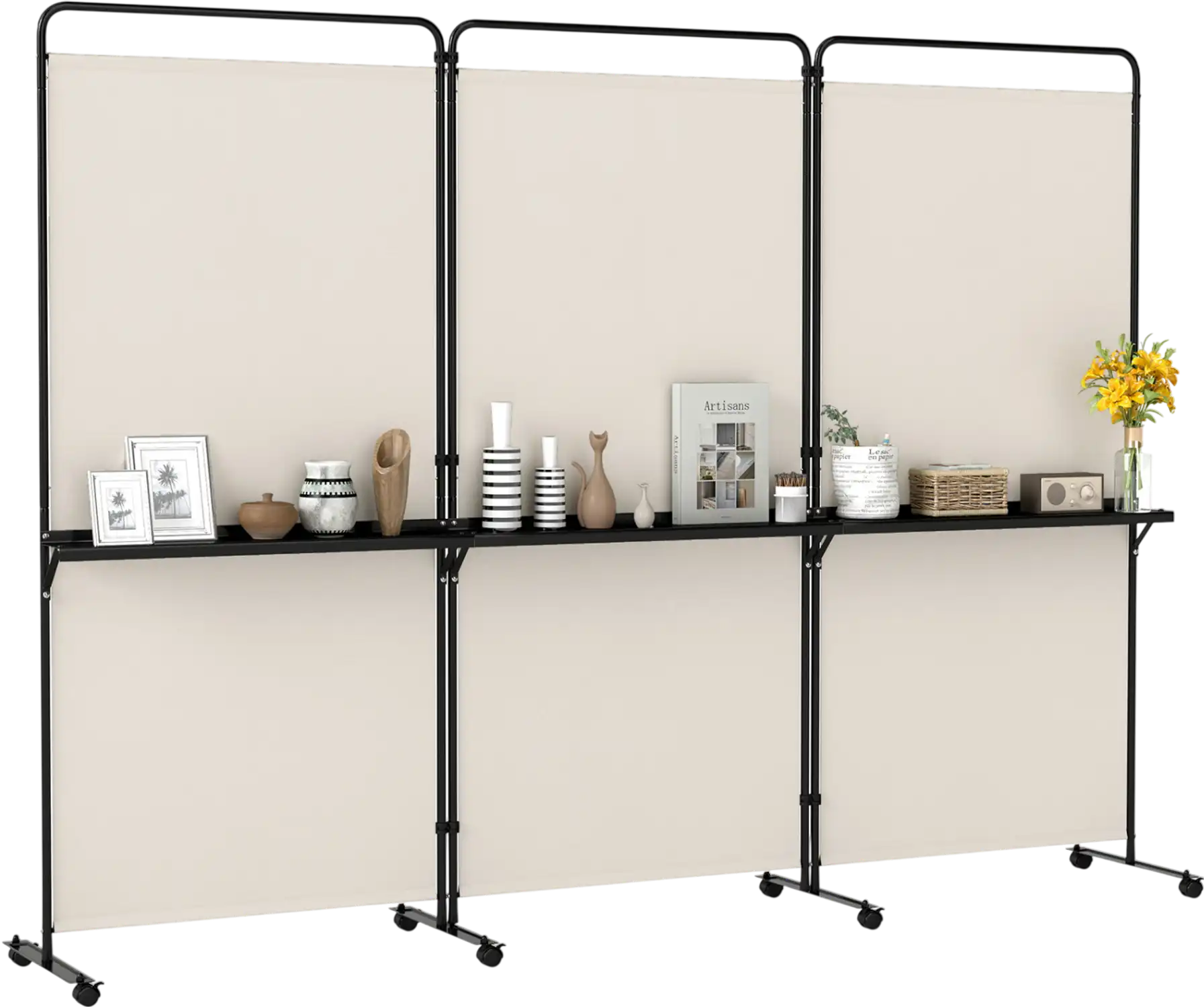 Costway 3-Panel Room Divider Privacy Screen w/ Shelves Lockable Wheels 6' Tall Folding 35037670 New