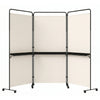 3-panel room divider with shelves, 6 FT tall, featuring a white fabric screen and lockable wheels for versatile privacy.