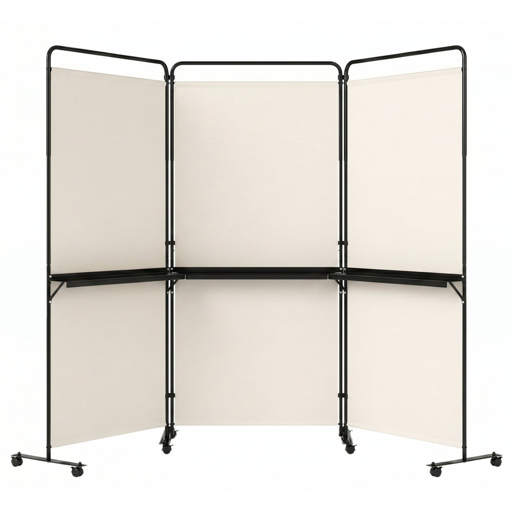 3-panel room divider with shelves, 6 FT tall, featuring a white fabric screen and lockable wheels for versatile privacy.
