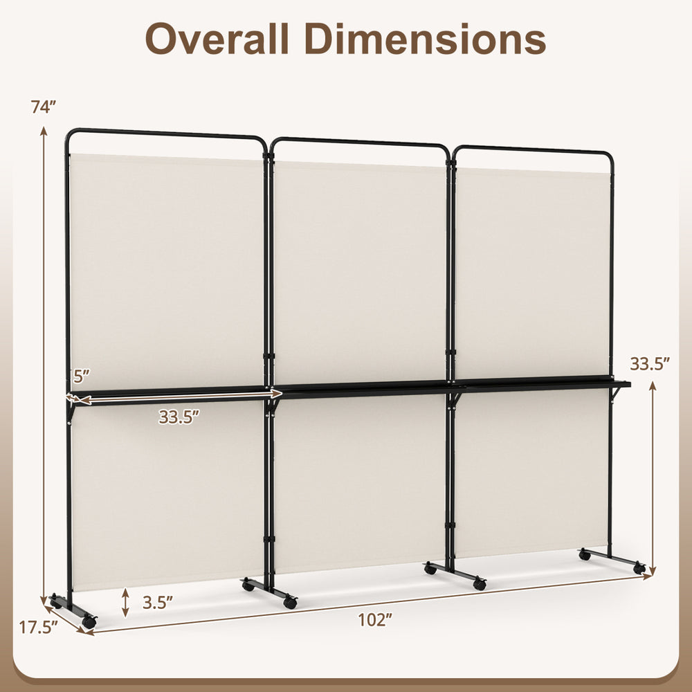 3-panel room divider with shelves, 6 ft tall, featuring a white fabric and black metal frame, ideal for privacy and.