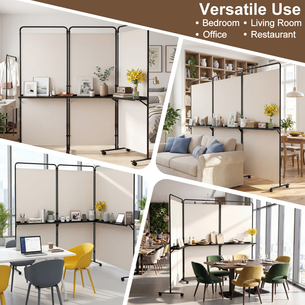 3-panel room divider with shelves in white, 6 ft tall, ideal for privacy and organization in living spaces and offices.