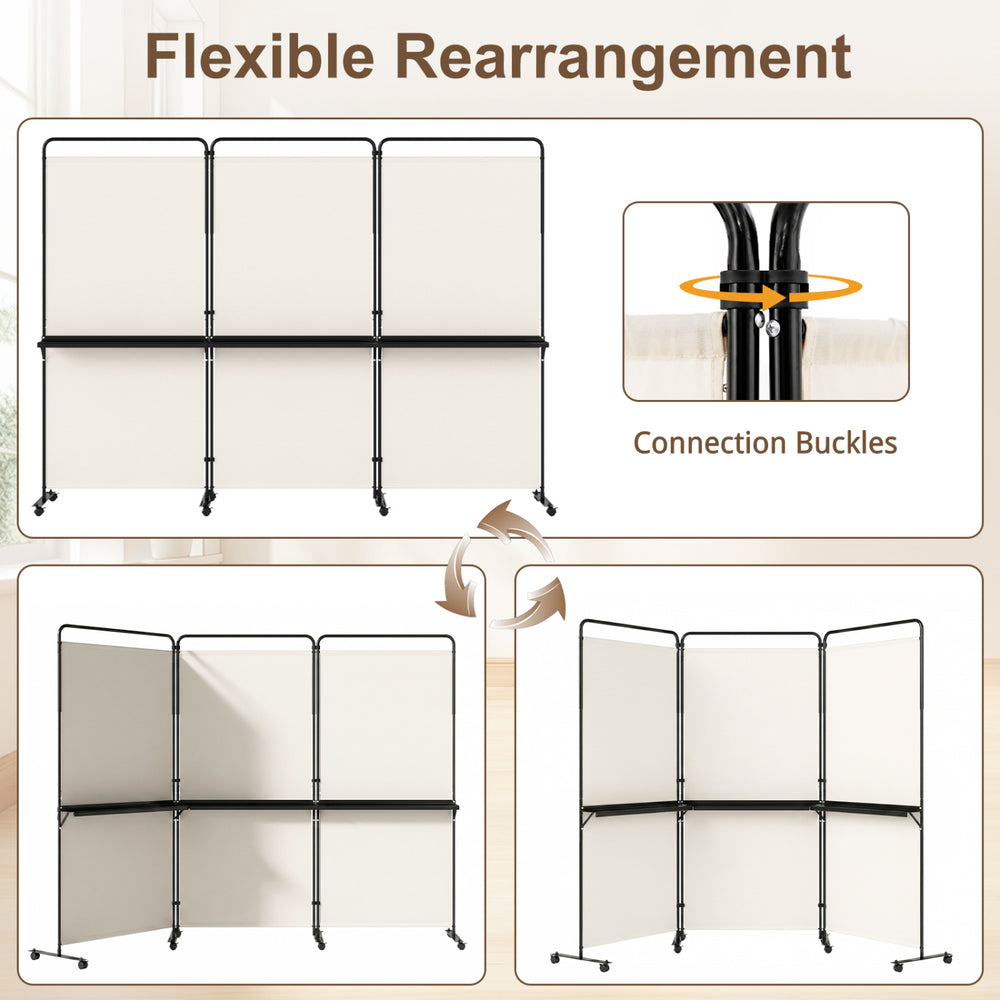 3-panel room divider with shelves, featuring a white fabric finish and lockable wheels for versatile privacy solutions.
