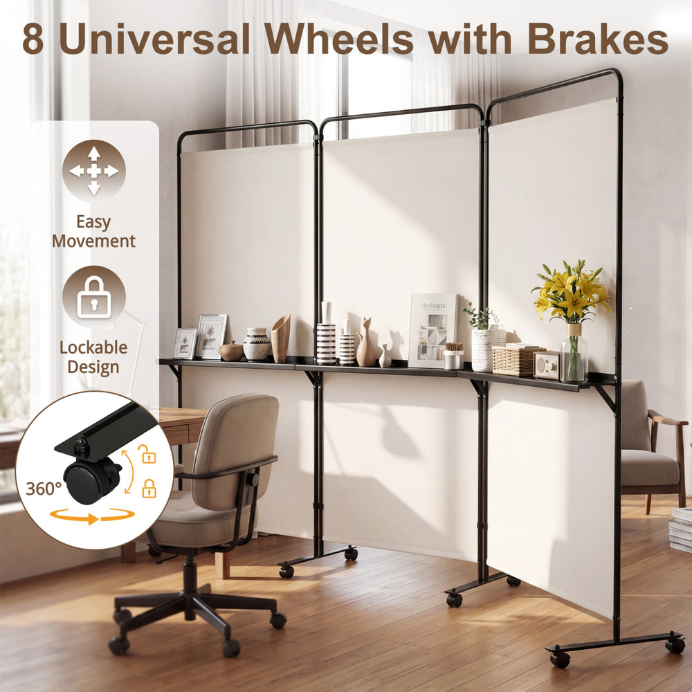 3-panel room divider with shelves, 6 FT tall, featuring lockable wheels for easy movement and enhanced privacy in any.