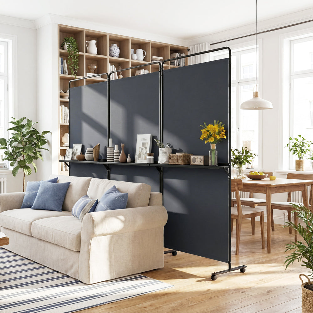 3-Panel Room Divider with Shelves 6 FT Tall Folding Privacy Screen with Lockable Wheels-Gray - Gallery View 1 of 11