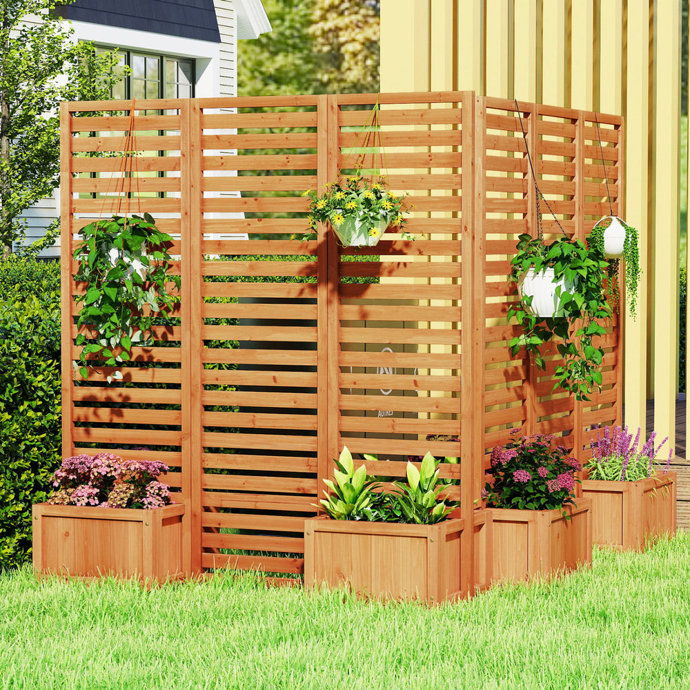 Freestanding 3-panel garden fence in yellow with two self-draining planter boxes, ideal for privacy and plant growth.
