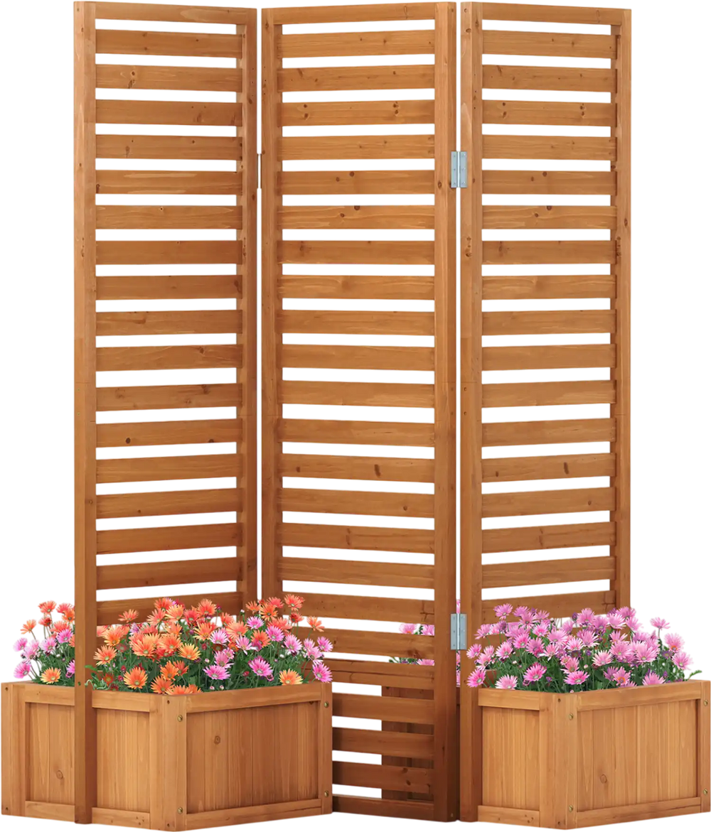 Freestanding 3-panel garden fence in solid wood with two self-draining planter boxes for outdoor privacy and plant.