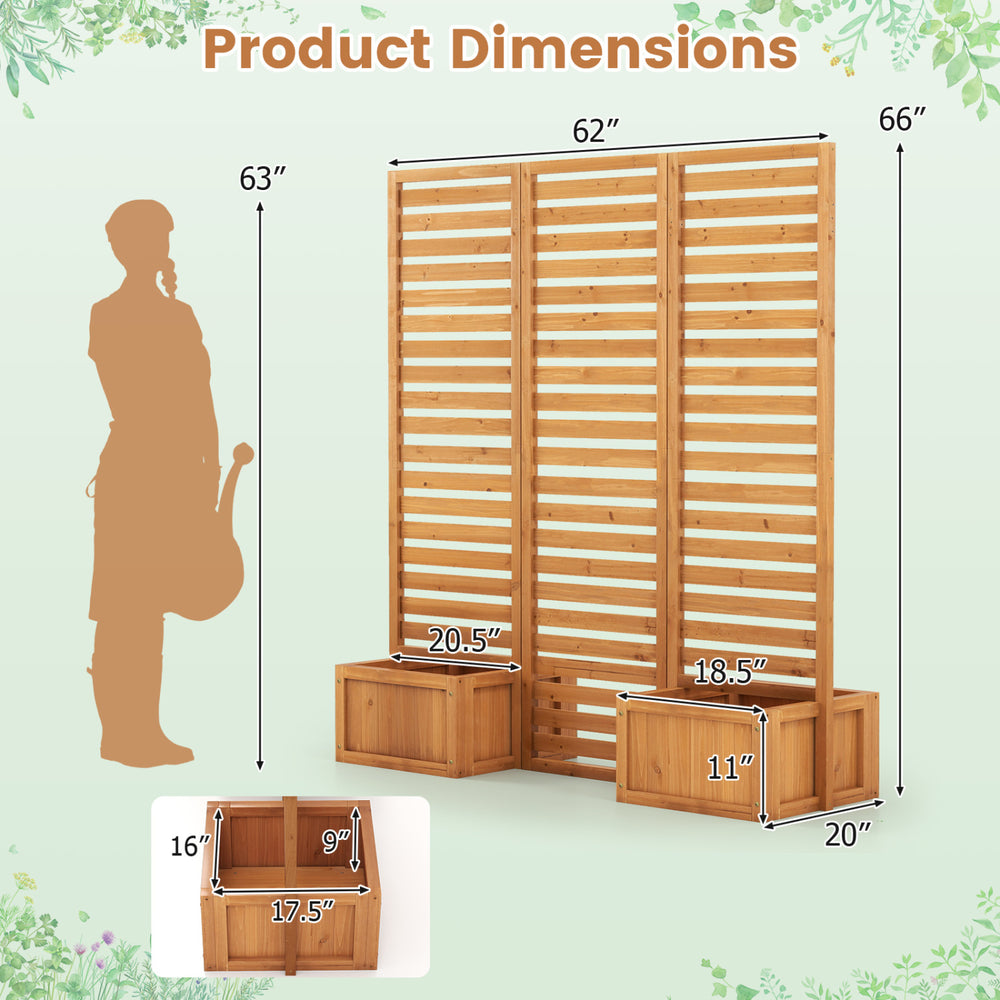 Freestanding 3-panel garden fence with two self-draining planter boxes, made of durable fir wood for outdoor use.