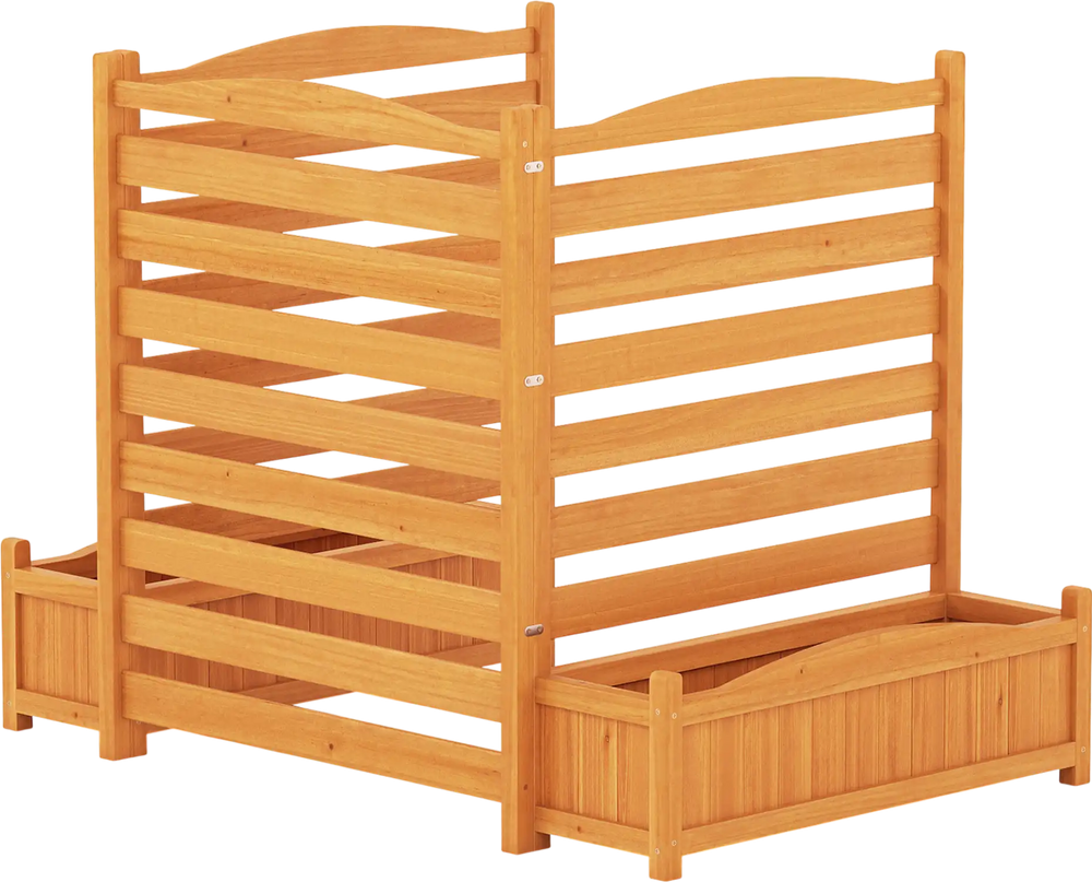 Freestanding 3-panel wood air conditioner fence with planter box, crafted from natural fir wood for outdoor privacy.