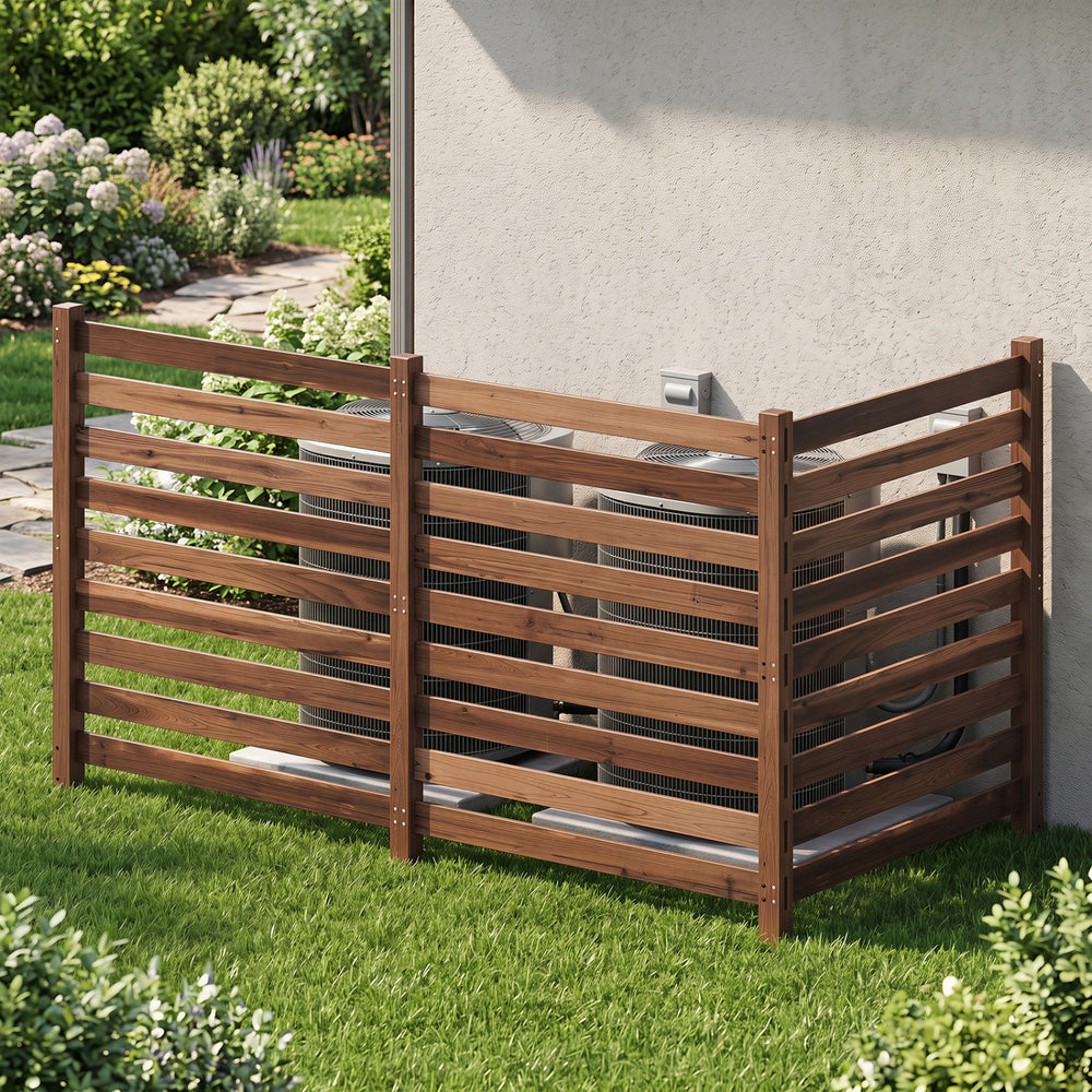 3-panel wooden outdoor privacy fence in brown, featuring slatted design for ventilation and robust ground stakes for stability.